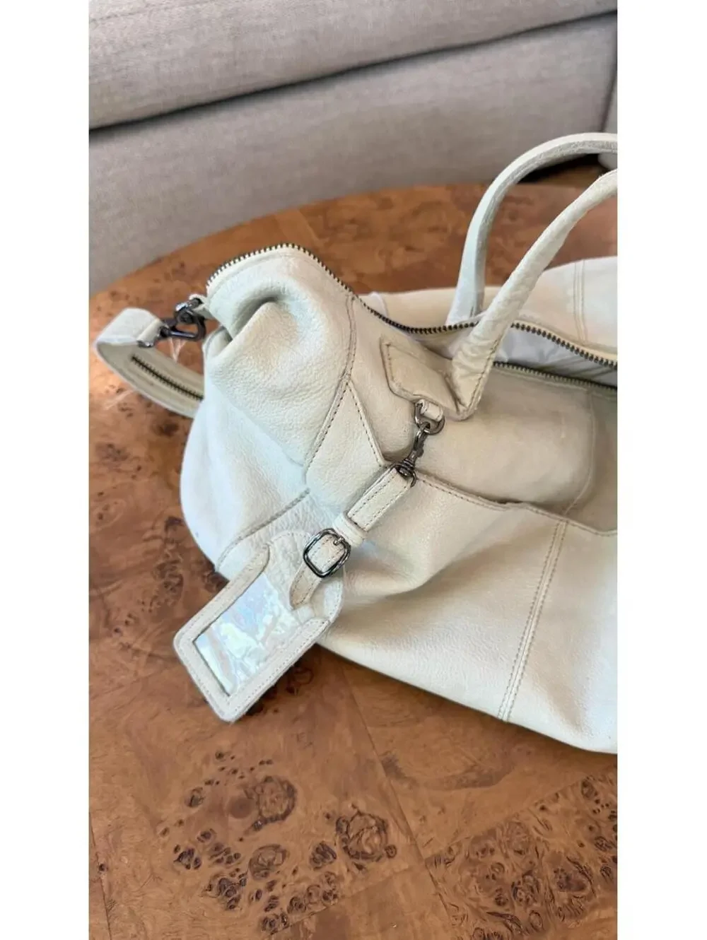Topshop Cream Leather Duffel Bag with Dual Handles and Shoulder Strap